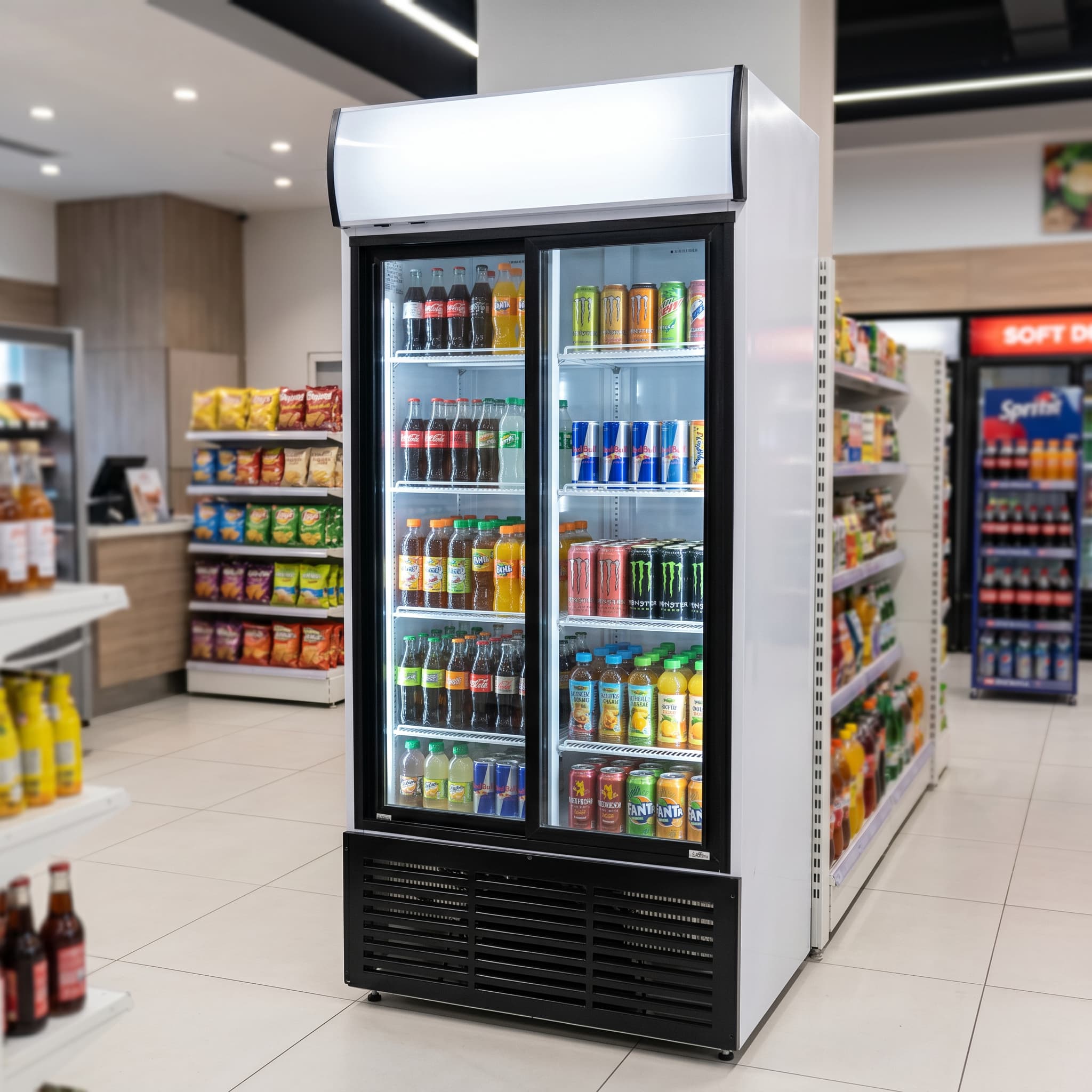 Contender 783L Double Glass Door Display Fridge (Sliding Doors & Canopy) – Maximum Chilled Visibility