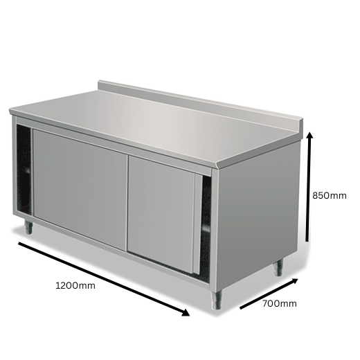 Quattro 1200mm Stainless Steel Floor Cupboard (Sliding Doors, Rear Upstand) – Hygienic Kitchen Storage