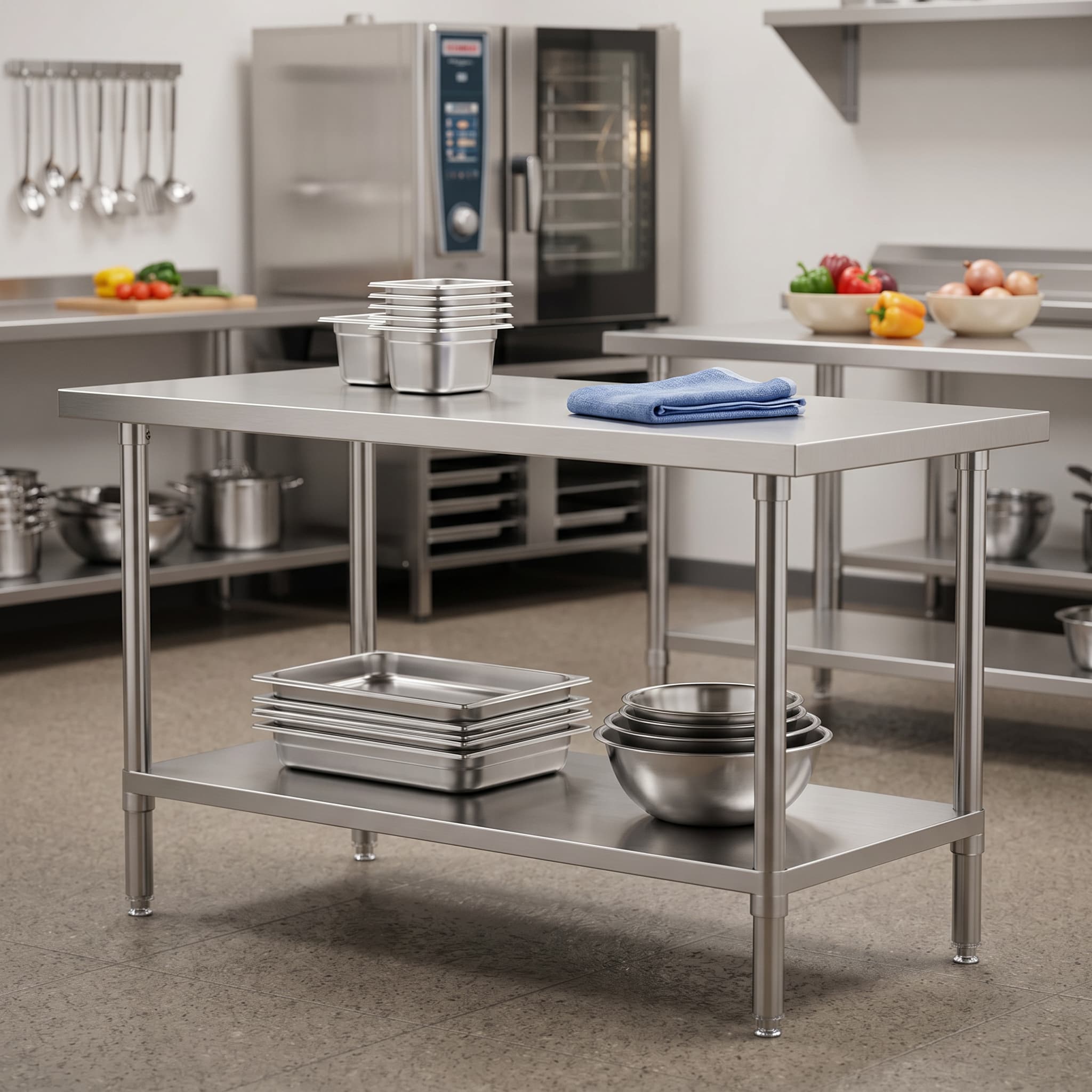 Quattro Stainless Steel Centre Table, 1800mm, Adjustable Undershelf – Heavy-Duty Central Prep Surface