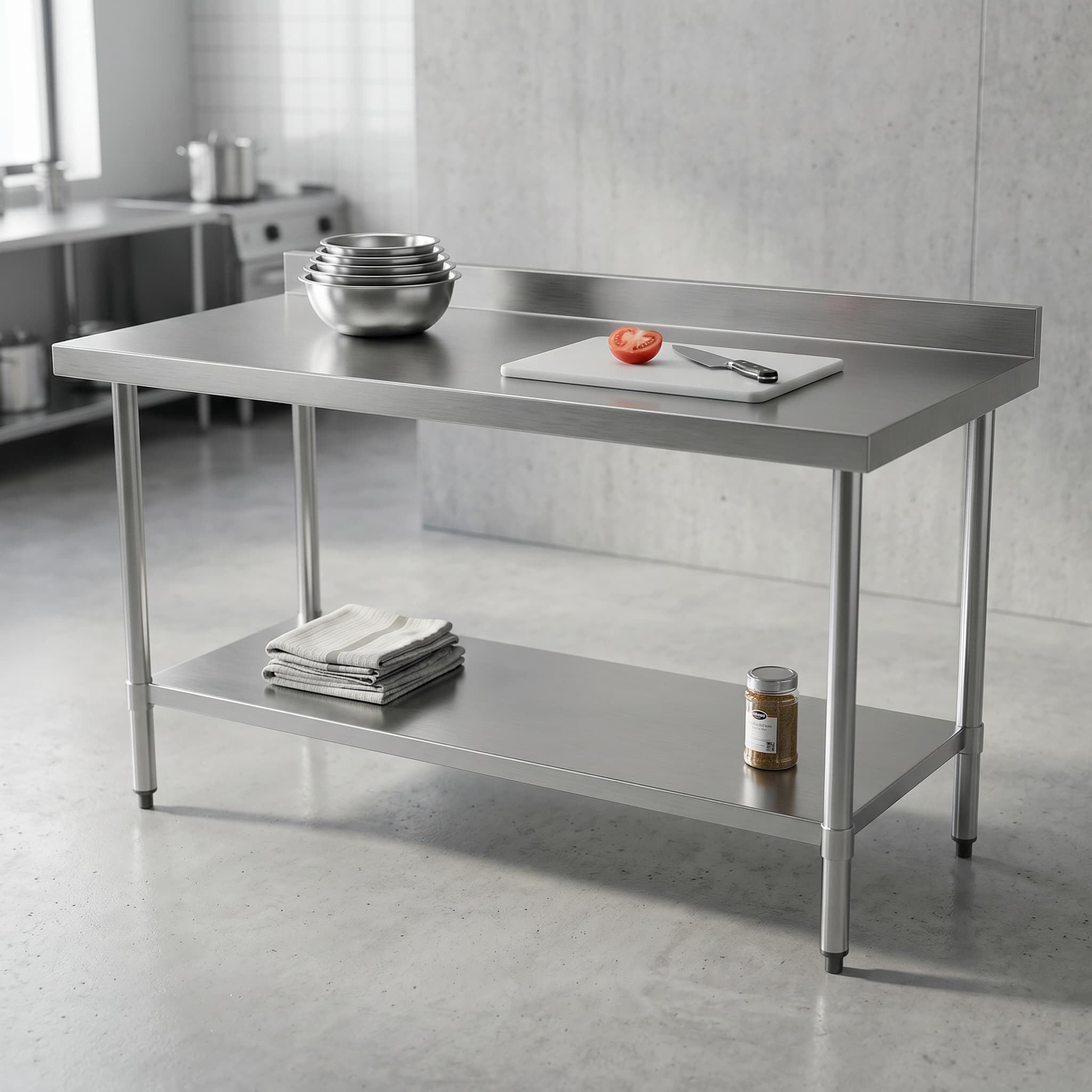 Quattro Stainless Steel Wall Table, 1500mm, Upstand & Adjustable Feet – Space-Saving Kitchen Prep