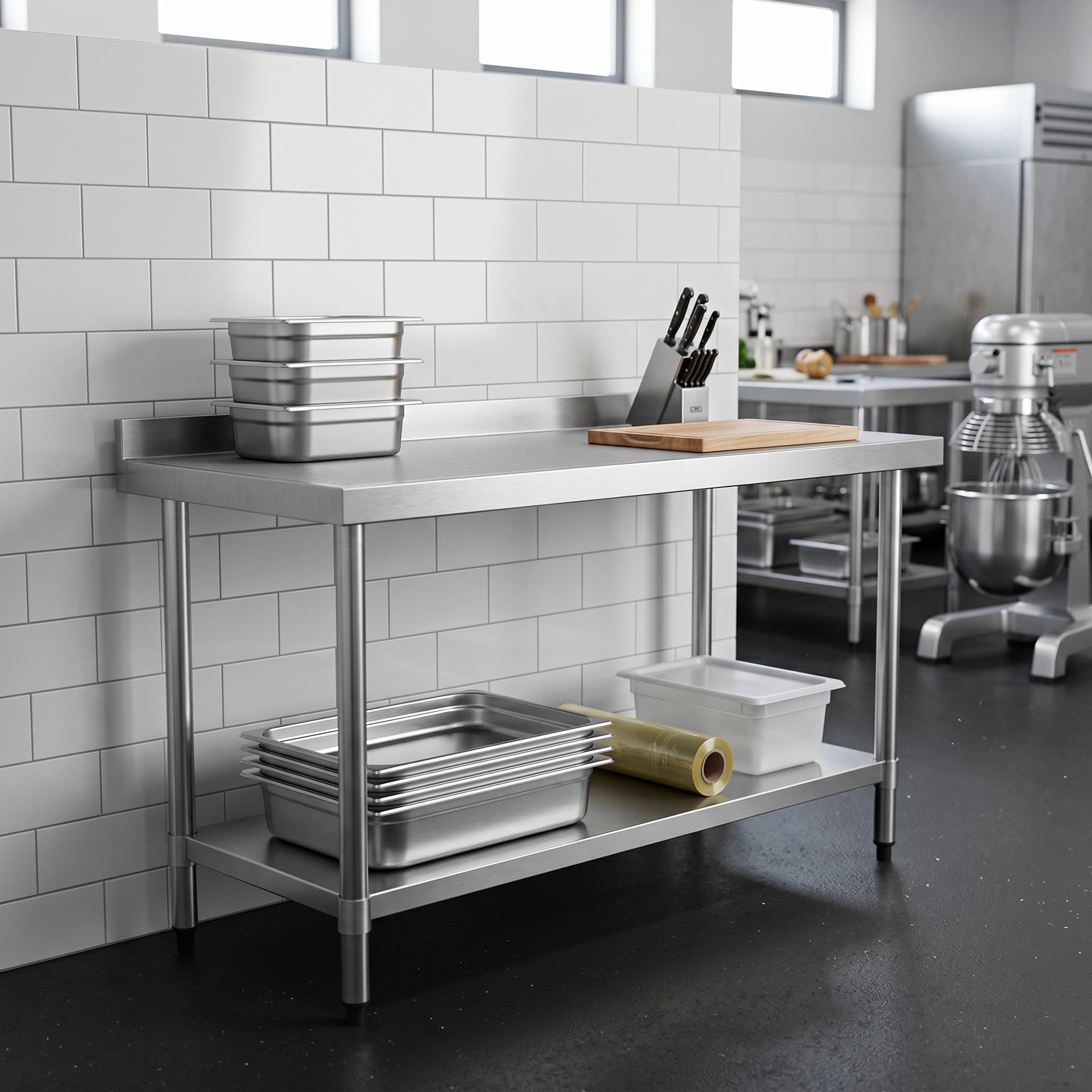 Quattro Stainless Steel Wall Table, 1800mm, Upstand & Undershelf – Full-Length Wall-Mounted Prep