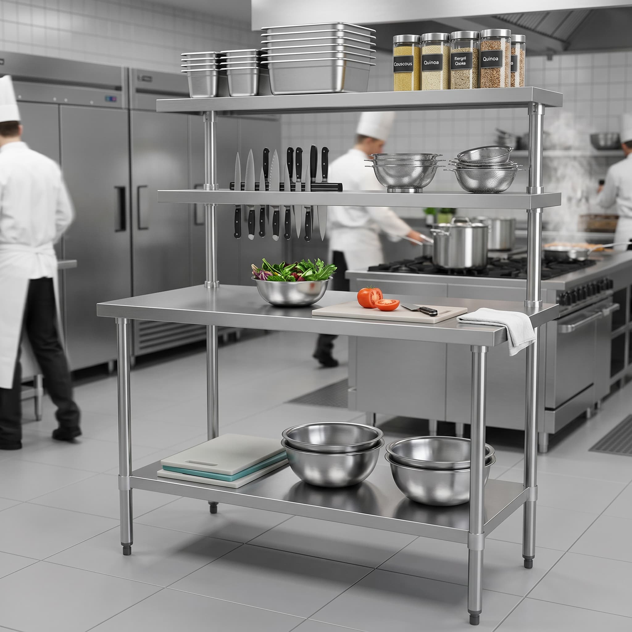 Quattro Stainless Steel Chef's Prep Table, 1500mm, With Overshelves – Multi-Level Prep & Storage
