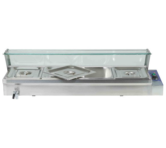 Quattro Bain Marie Heated Display Unit. 4 x 1/2 GN Pans & Lids With Glass Surround