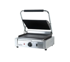 Quattro Heavy Duty Large Single Panini - Contact Grill Ribbed Top - Flat Bottom Plates